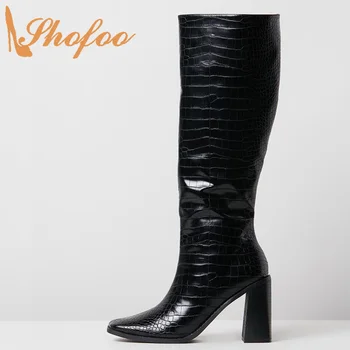 

Black Croc Print Knee High Boots Chunky Heels Square Toe Zipper Shoes Large Size13 15 For Ladies Winter Mature Sexy Botas Shofoo