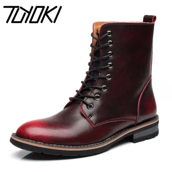 

Tuyoki Men Motorcycle Boots Vintage Combat Boot Winter Fur Cow Split Leather Waterproof Military Boots Men Shoes Size 38-44