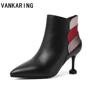

fashion mixed color genuine leather dress shoes women pumps pointed toe zip ankle boots for woman black sexy high heels booties