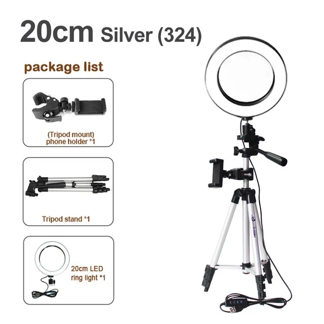 8inch-silver " светодиодный кольцевой светильник для селфи для видео в реальном времени/макияж/YouTube, регулируемый красивый кольцевой светильник с подставкой для штатива и держателем для сотового телефона - Цвет: 8inch-silver