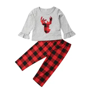安い 2019 女の子のクリスマスの服セット幼児子供クリスマス衣装ロングフレア袖のコットントップ + チェック柄パンツガールトナカイ衣装