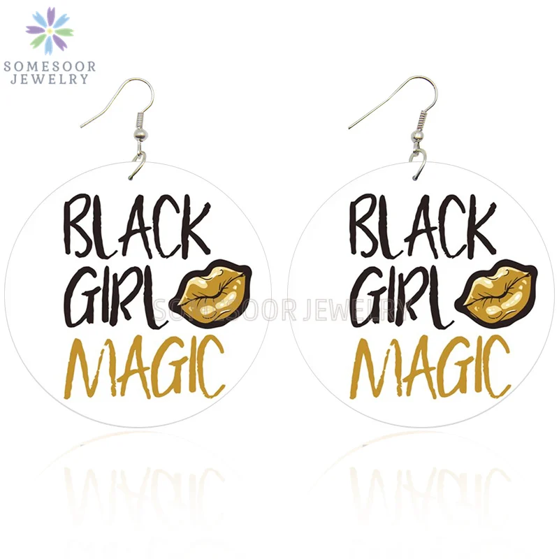 

SOMESOOR Both Sides Printing Black Girl Magic Natural Wooden Earrings African Sayings Design Wood Dangle Jewelry For Women Gifts