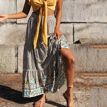

Bohemian floral print long skirt women 2020 summer beach maxi skirt high waist ruffle elastic A-line skirts vintage with flower