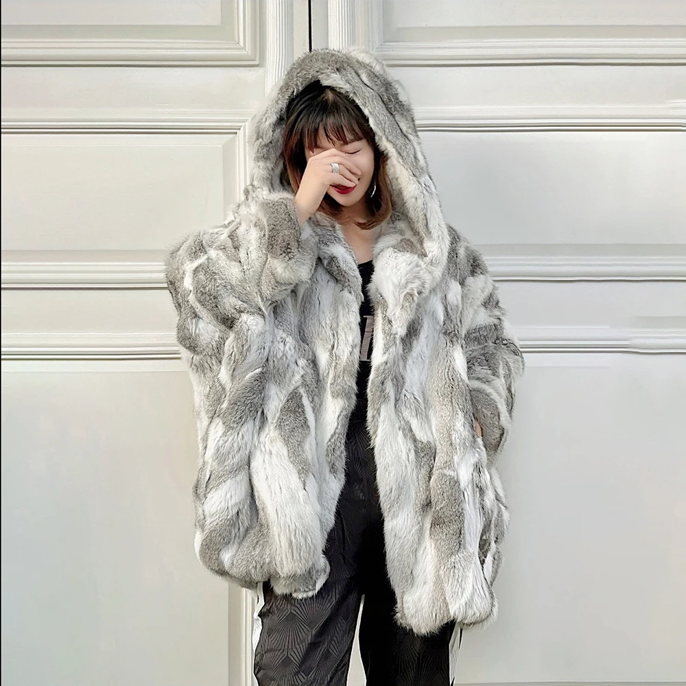 2021 New Real Featured Rabbits Fur Coats Women's Hooded Loose Wide Mid-length Coat Simple Street Warm Thick  Down Jacket