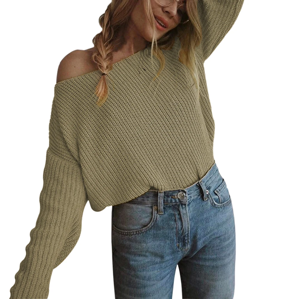 Heflashor off shoulder pullover womens sweater knitted sweater women long sleeve loose jumpers oversized sweater pull femme - Цвет: Бежевый