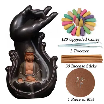 

Cermaic Backflow Incense Burner Ceramic Smoke Waterfall Incense Sticks Holder Gift 120 Incense Cones +30 Pcs Incense Sticks +Pad