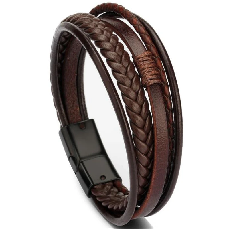 Trendy Genuine Leather Bracelets Men Stainless Steel Multilayer Braided