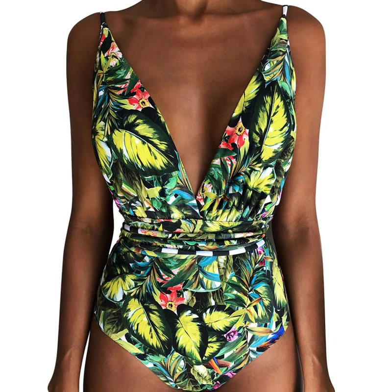 Women 2020 Push Up Monokini Sexy Print Brazilian One Piece Swimsuit Floral Thong High Waist Backless High Cut Bikini Swimwear