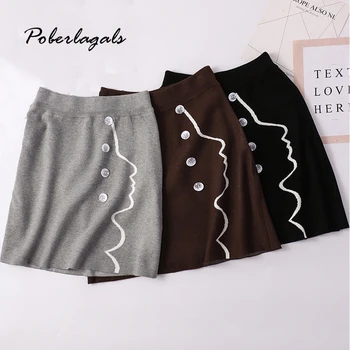 

winter elegant women knitting skirt Autumn 2019 Womens lady knit Retro black ruffled button A-line hip Skirt female skirts