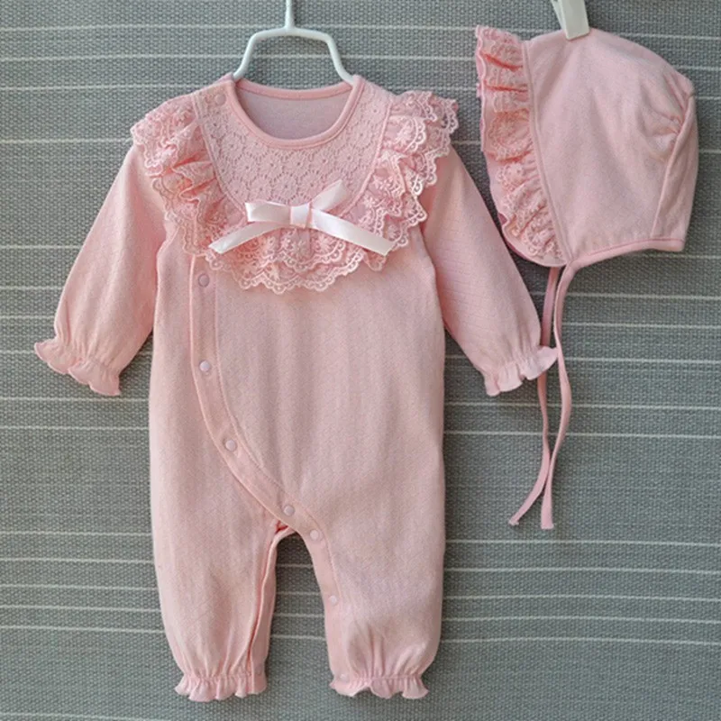 Pink jumpsuit Хлопковая одежда принцессы для новорожденных девочек; кружевной комбинезон с бантом; сезон весна-осень; комплекты одежды для маленьких девочек; боди+ шапки - Цвет: Pink jumpsuit