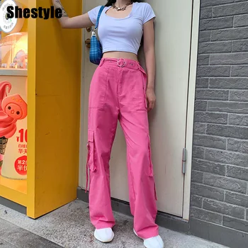 

Shestyle Pink Hip Hop Streetwear Pant Women 2020 Summer Belt Zipper Pockets Casual Loose Straight Cargo Pants Trousers Lady