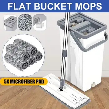 

Flat Squeeze Mop and Bucket Hand-Free Wringing Floor Cleaning Mop wet/dry Usage 360° Roatation Self Cleaning Lazy Mop