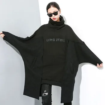 

Winter Women Black Long Hoodies Sweatshirts Loose Warm Turtleneck Pullovers Plus Size Letters Spliced Fashion Hip Hop Streetwear