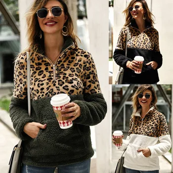 

Women Leopard Splice Pullover Fleece Sweater Jacket Winter Warm Outerwear Coat