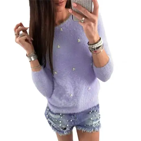Winter Women Fashion Faux Pearl Beading Solid Color Plush Long Sleeve Pullover Solid Color Warm Polyester Spandex pullover