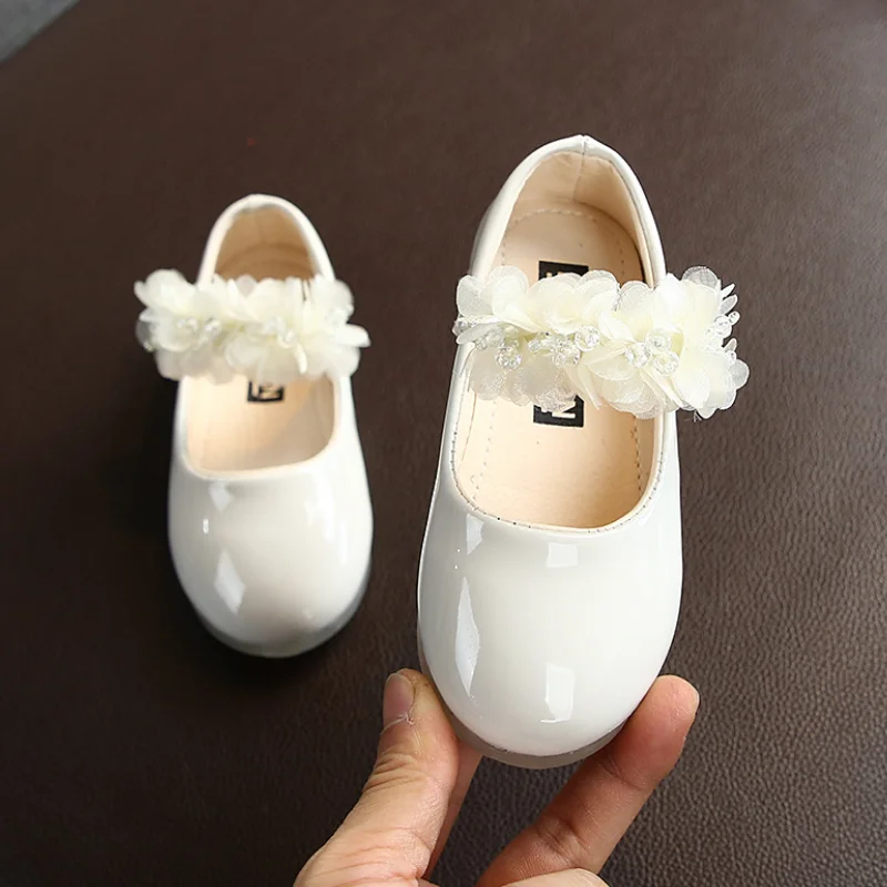 New Floral Spring Girls Shoes Children Black Red Pink Flat Single Shoes Kids Princess PU Leather for Girl CSH125
