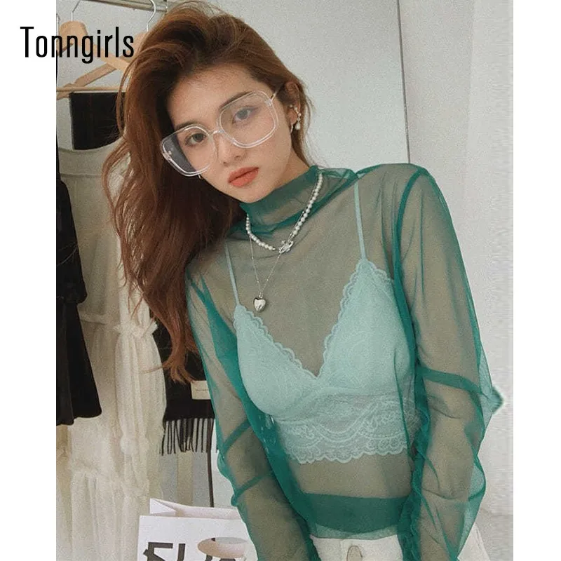 Водолазка Tonngirls сетчатый топ с длинным рукавом Винтажная Футболка для женщин
