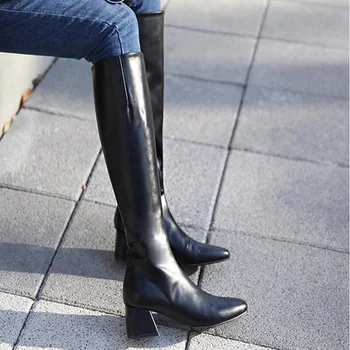 

Tube Genuine Leather High Autumn Round Toe Thick Bottom Zipper Boots Female Knight Motorcycle Boots Winter Women Knee Boots New