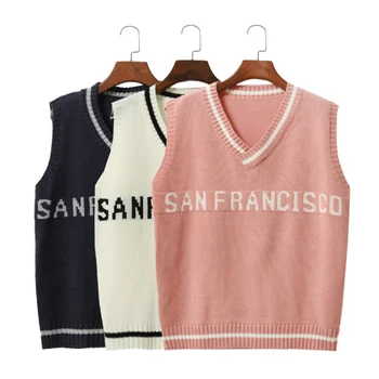 

Letter Knitted V-Neck Sweaters Sleeveless Sweet Girls Pullovers Fashion Slim Vest Style Sweater Autumn Loose Tops