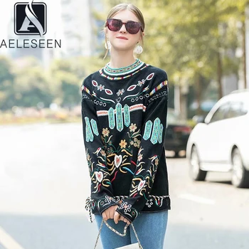 

AELESEEN 2020 New Fashion Vintage Runway Floral Sweater Luxury Embroidery High Street Loose Design High Quality Knitting Women