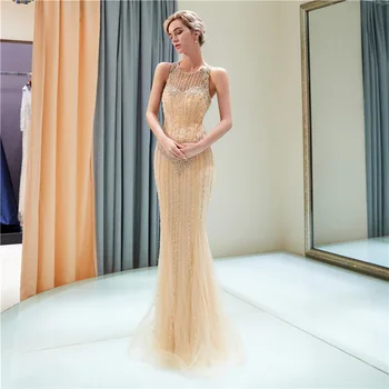 

Luxury Golden High neck Mermaid Evening Dresses Sweep Train Beading Crystal Sparkly Evening Gown Robe De Soiree