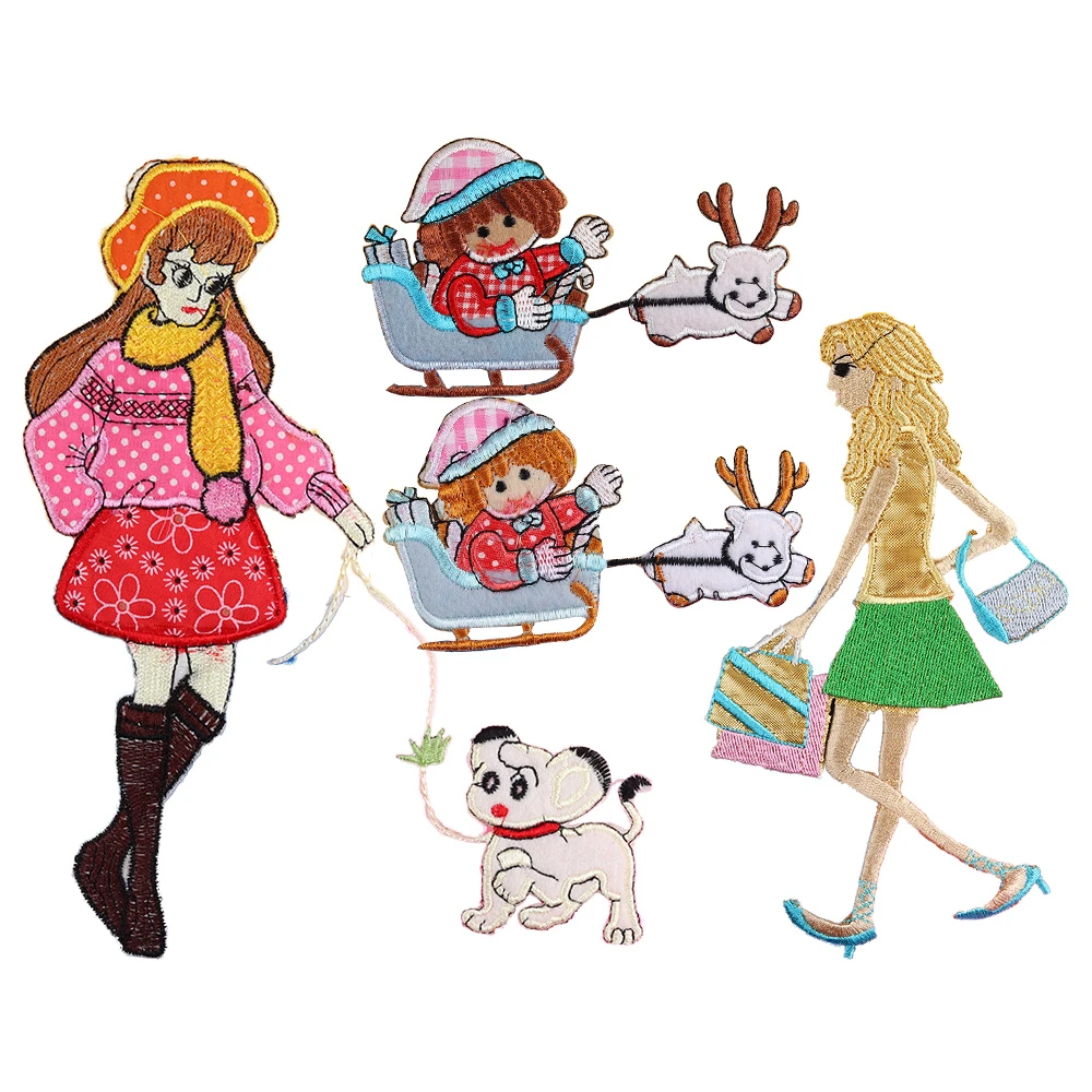 Cartoon Girl a sledge girl walk dog Patches Cute Iron On Appliques For Kids Clothes 3D Diy T-shirt clothing Accessories | Дом и сад