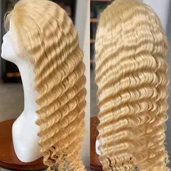 

Poker Face 613 Honey Blonde Malaysian Curly Lace Front Wig Deep Wave 613 Color Pre Plucked Human Hair Lace Frontal Wigs