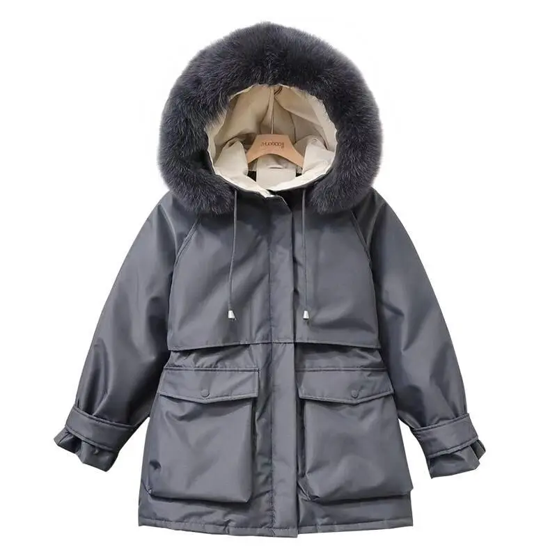 

Winter Down Coat Women Big Fur Collar Hooded Loose Warm Thicken Fashion Short Big Pockets White Duck Down Puffer Jacket Female