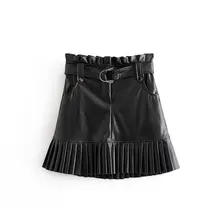 Женская модная гофрированная кайма из искусственной кожи с оборками в стиле пэчворк черная мини-юбка faldas mujer Женская с оборкой, с высокой посадкой карманы vestidos повседневные юбки с поясом QUN470