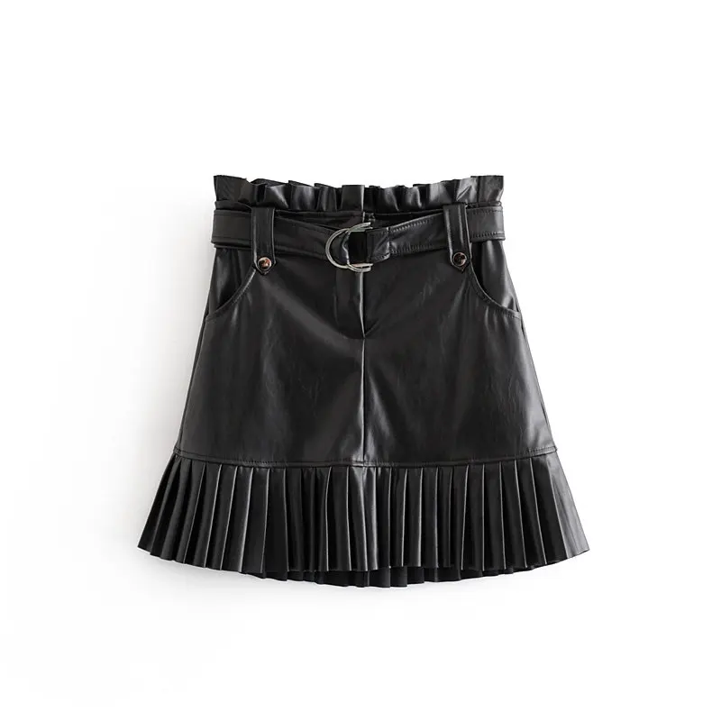 Comprare Delle donne di modo di Cuoio DELL UNITÀ di elaborazione del bordo pieghettato increspature della rappezzatura nero mini gonna gonne mujer signore a vita alta ruffles tasche abiti casual i telai gonne QUN470