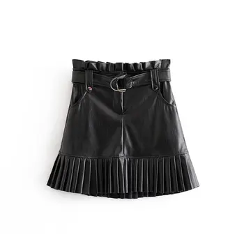 Minifalda de piel sintética con dobladillo plisado para mujer, Falda corta negra con volantes, bolsillos y cinturón, QUN470