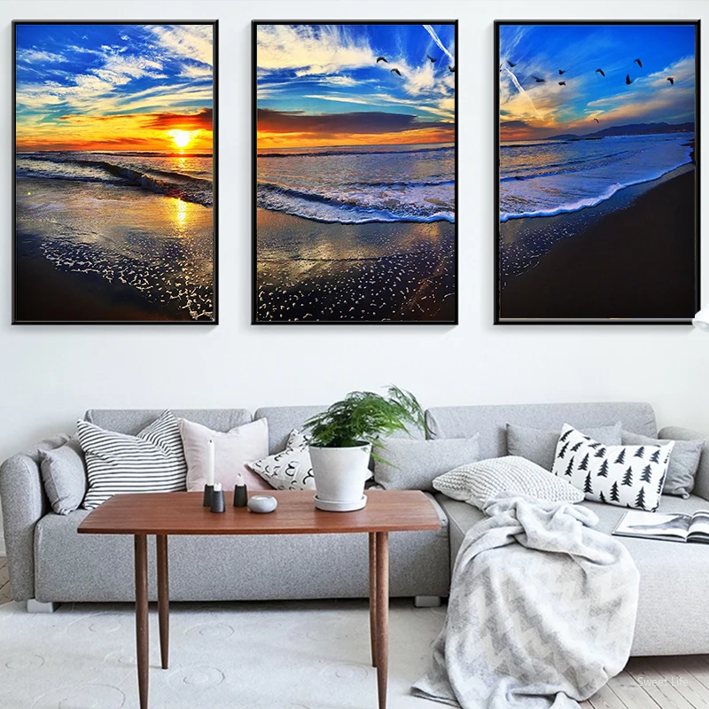 Creative Sunset Landscape Blue Sea Sky Nordic Canvas Painting Seagull Waves Beach Art Poster Living Room Decor Seabird | Дом и сад