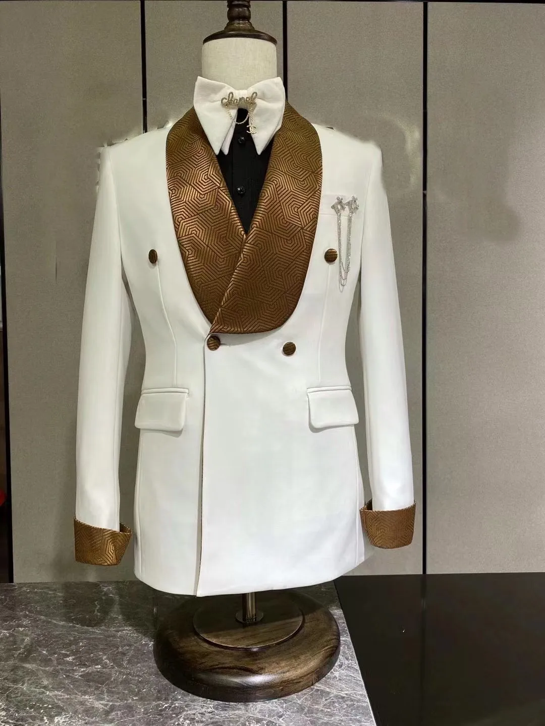 Fashion wedding suits men Grey Plaid with black velvet lapel formal slim fit China twining buckle party man only Blazer