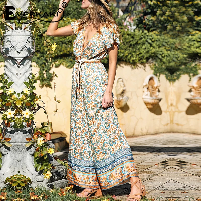 Комбинезоны Everkaki Boho с цветочным принтом, женские осенние комбинезоны с регулируемым поясом, v-образным вырезом и пуговицами, женские комбинезоны