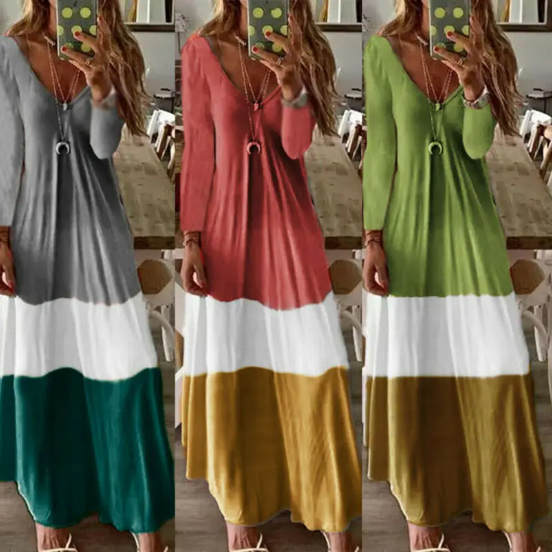 

2020 Womens Dresses Stripe V Neck Long Sleeve Boho Party Casual Kaftan Maxi Dress Long Dresses For Women Clothes Woman Dress