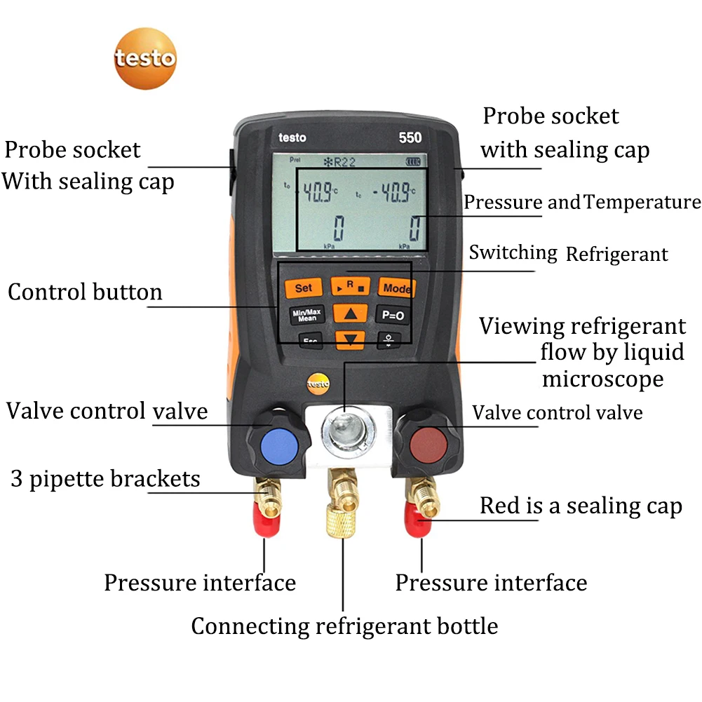 NEW Testo 550 Digital Manifold Gauge with 2pcs Clamp,2 Valves,System for HVAC 0563 1550 Built-in 60 common refrigerants