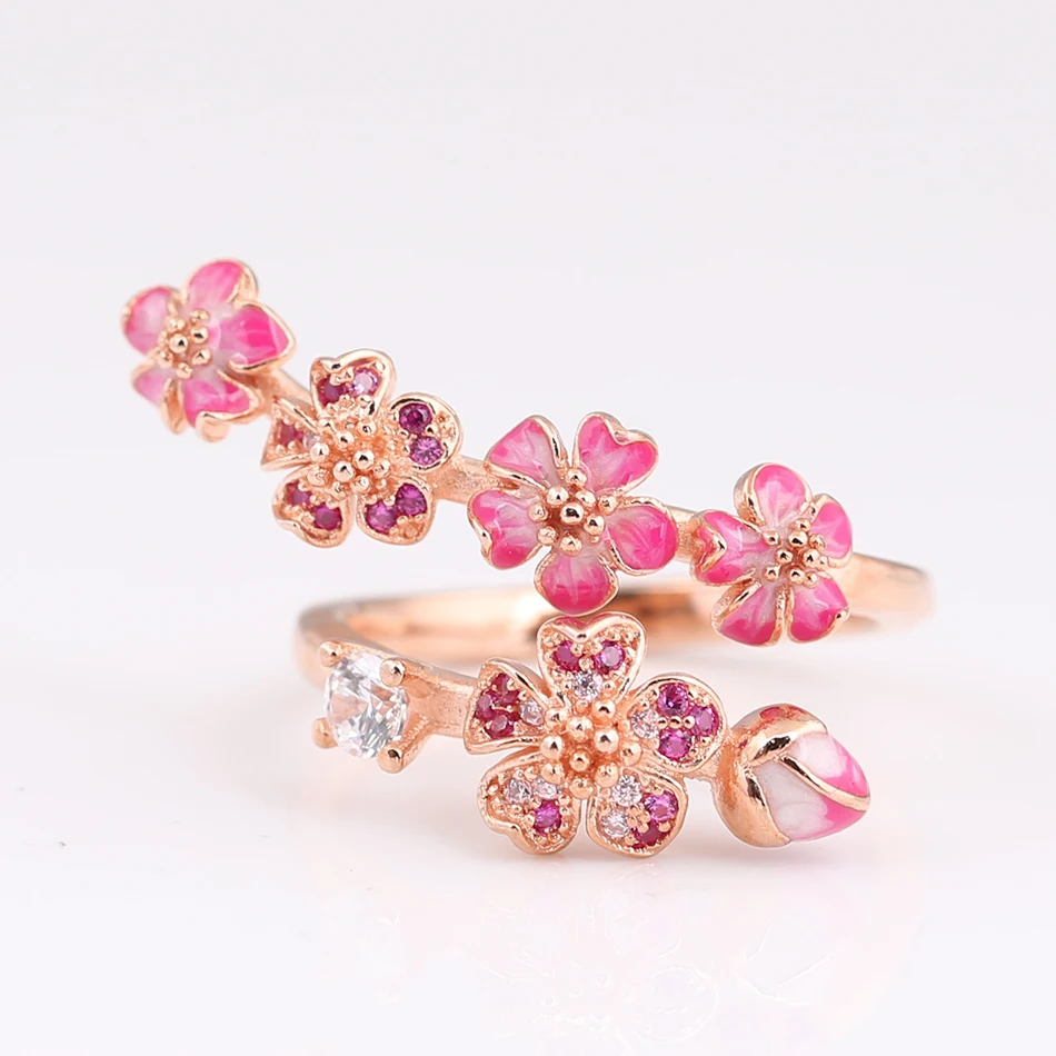 Silver Rose Ring S925 Authentic Enamel Peach Blossom With Crystal For Women Wedding Party Gift