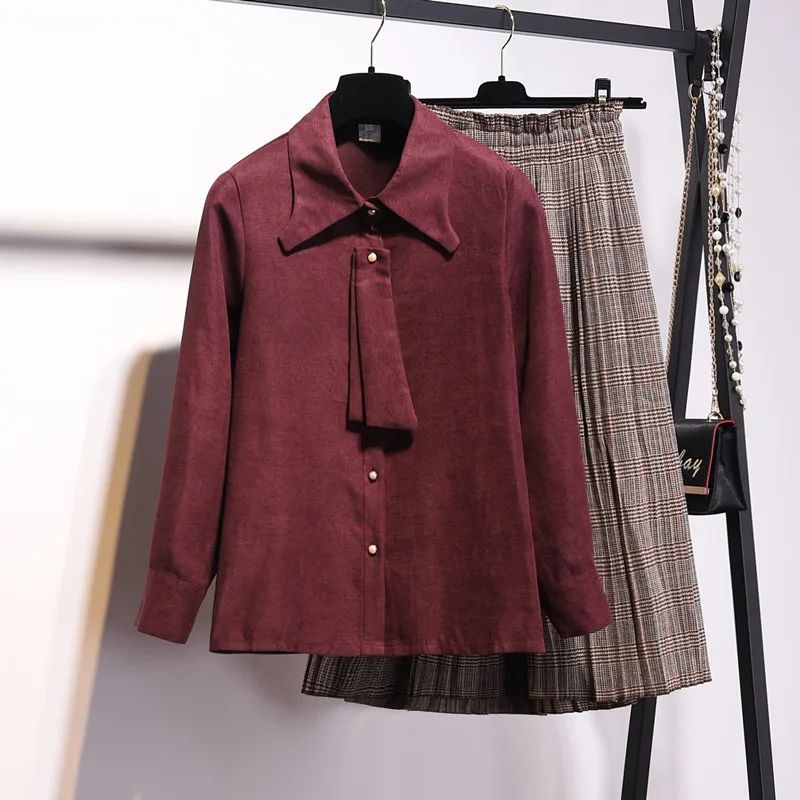 

L-4XL Plus Size Women Two Piece Set Autumn 2019 Vintage Long Sleeve Shirts and England Plaid Elastic High Waist Pleated Skirts
