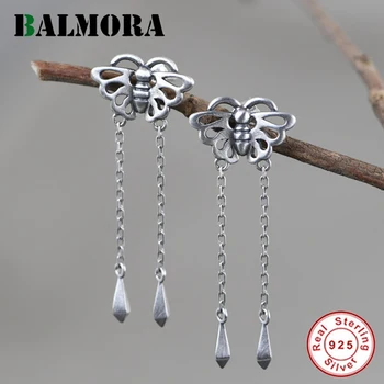 

BALMORA Original 100% Real 925 Sterling Silver Long Tassel Earring For Women Vintage Butterfly Dangler Long Drop Earring Jewelry