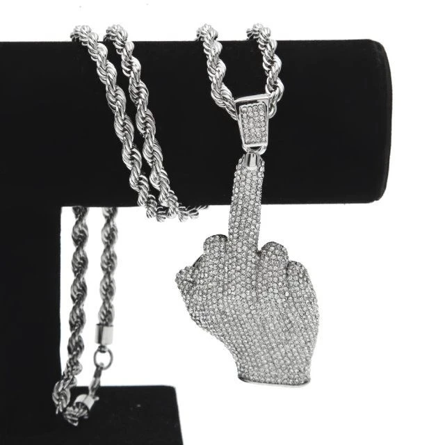 Collana ghiacciata da 2 pezzi per orologio da uomo in oro con diamanti, set di gioielli di moda con catena con ciondolo con dito medio bling hip-hop_voghion.com