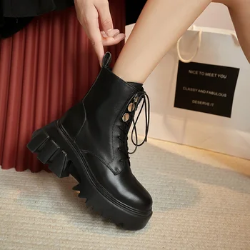 

MORDOAN Genuine Cow Leather Martin boots women's patent leather platform 2020 autumn new round toe lace-up single boots