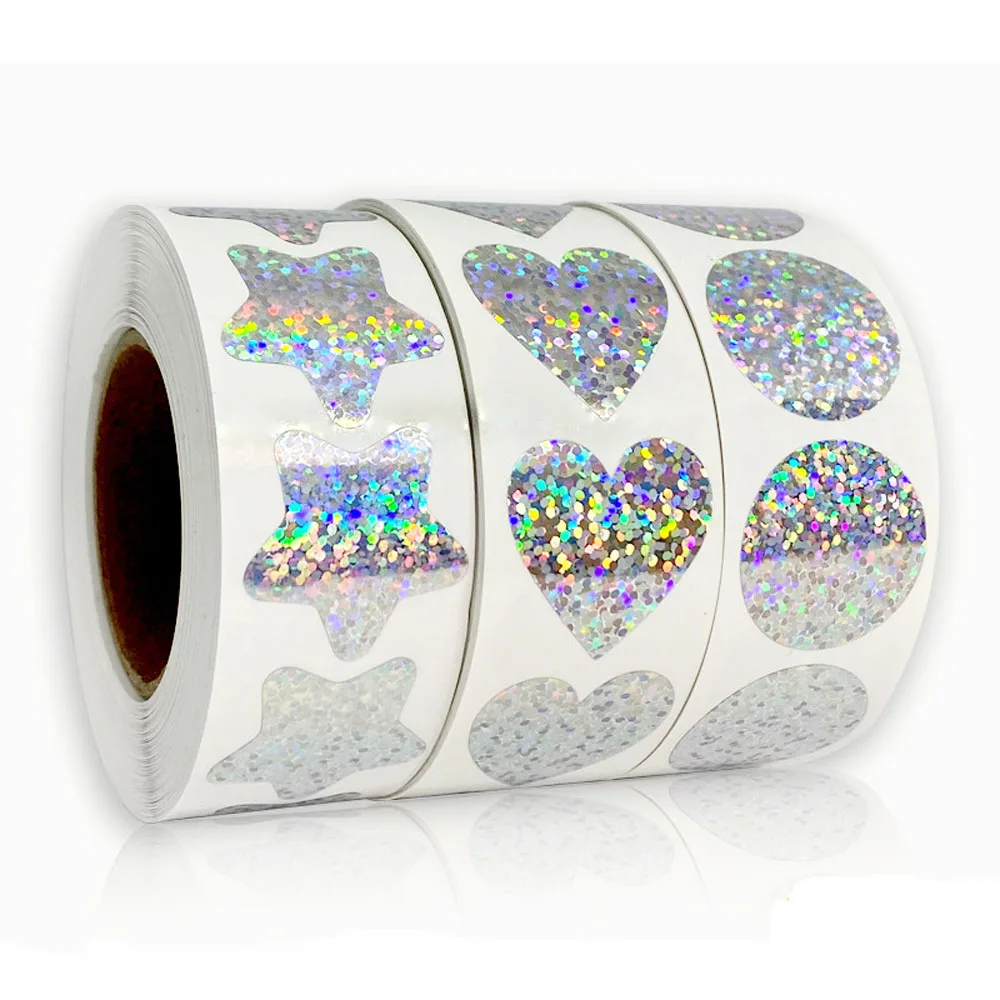Exquisito 50-500 Uds láser en Blanco Amor, corazón, estrellas pegatinas redondas decoración hecha a mano de vacaciones, fiesta de cumpleaños de etiqueta engomada de la etiqueta