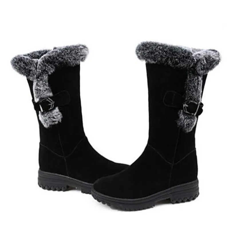 New Winter Fashion Boots Scrub Cowhide Rabbit Fur Women Snow Boots Flat Wedges Non-slip In-tube Boot Women Leather Shoes Boots