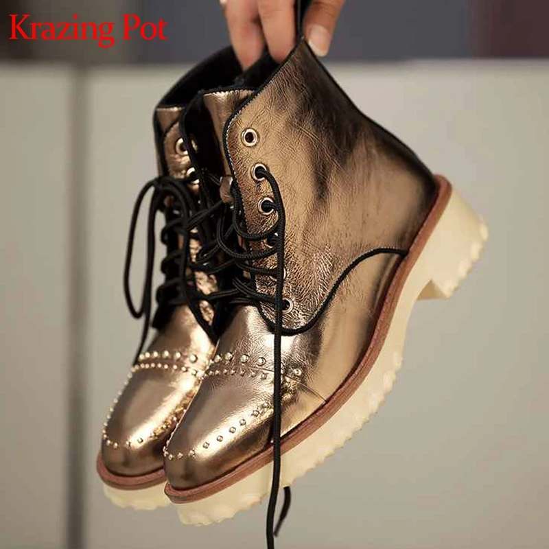 Krazing pot/уличная Уличная обувь на среднем каблуке со шнуровкой и круглым носком; рокерские заклепки; ботильоны челси с шипами; l8f2