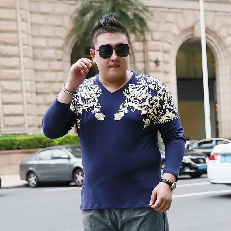Cotton Big Size 7XL Casual T-shirts Men Long Sleeve Printed Flower Design Loose Fit V-neck T-Shirt Mens Tops Streetwear Clothing | Мужская
