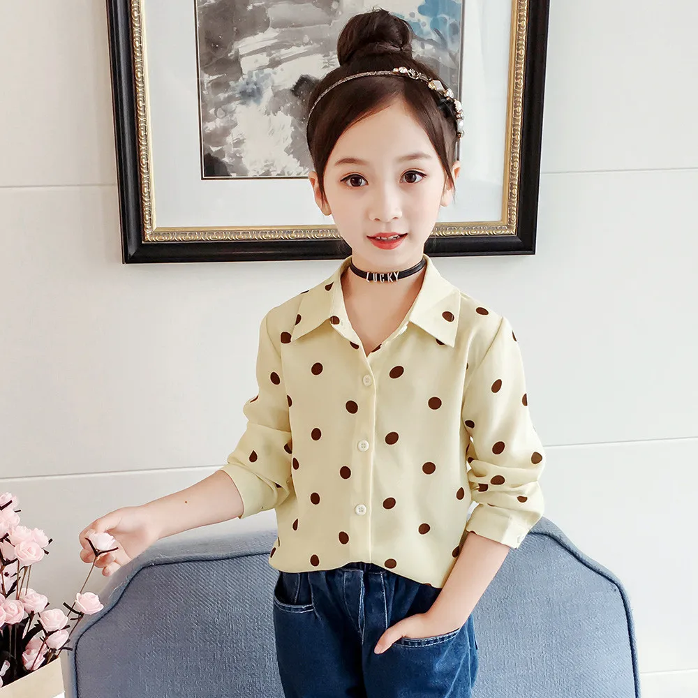 Повседневная детская блузка для девочек, коллекция года, Новая Осенняя детская шифоновая блузка с длинными рукавами и принтом в горошек Топ для девочек в Корейском стиле, одежда для малышей от 2 до 8 лет