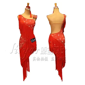 

Full Rhinestones Adult Latin Dance Dress Women Tassel Salsa Samba Tango Ballroom Competition Costume Kids Dresses For Girls Red