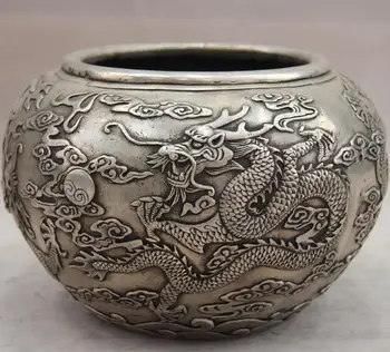 

China White Copper Silver Lucky Dragon Play Bead kettle Tank Jar canister Pot