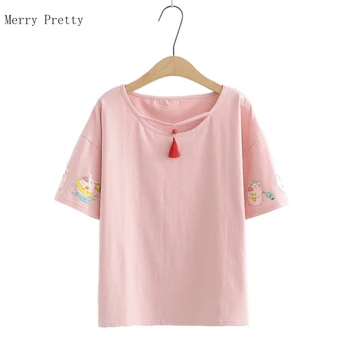 

Pionk Cartoon Pig Print Funny T Shirts For Women Cotton Top 2020 Summer Sweet Style Short Sleeve V-neck Harakuju Female Tee