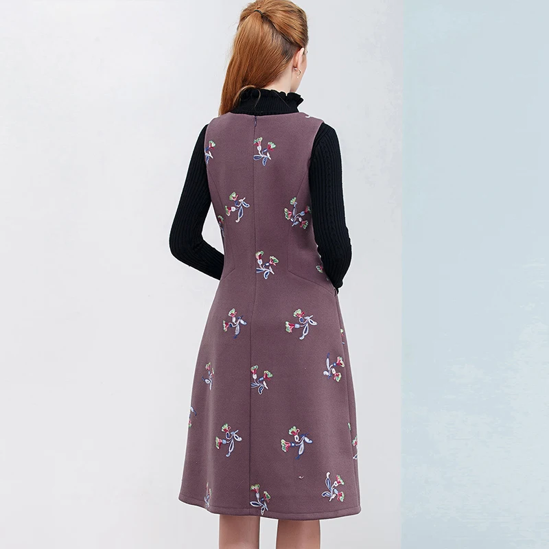 Tanie HELIAR 2019 zima wełniana bez rękawów sukienki vintage kobiet haftowane szczupła moda eleganckie kobiece Vestidos odzież damska